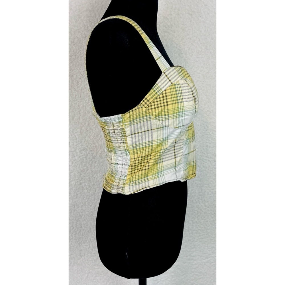 TWINE & STRING • Yellow/Green/White/Brown Plaid Bustier Smocked Crop Top, L - Picture 9 of 16
